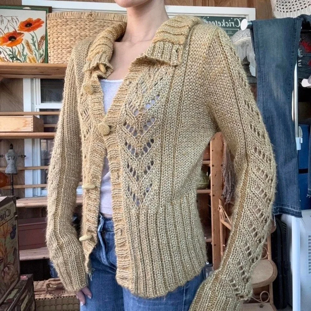 BCBGIRLS Gold Metallic Knit Cardigan Sweater Mustard Yellow Pointelle Button Up - Picture 5 of 8